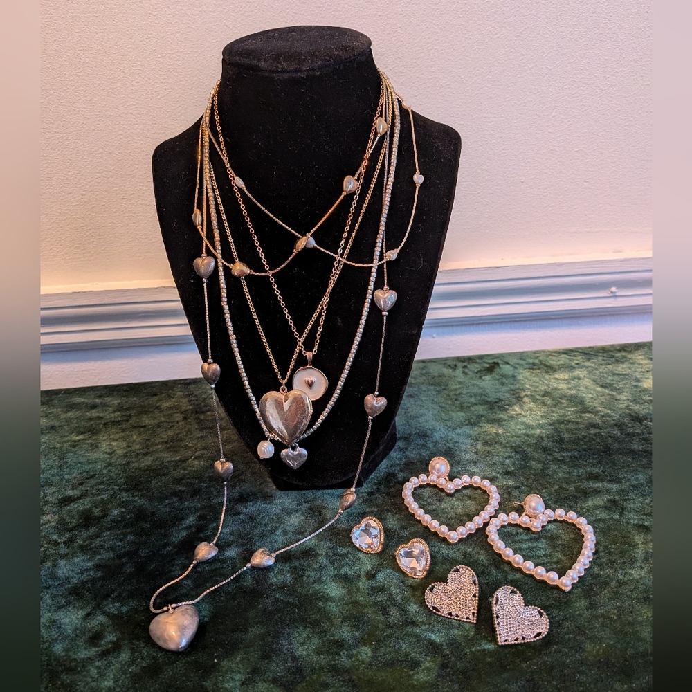 Vintage Heart Detail Necklaces And Earrings Jewelry Lot